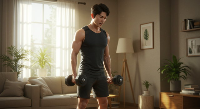 한국 남성이 아령으로 근력 운동을 하는 장면