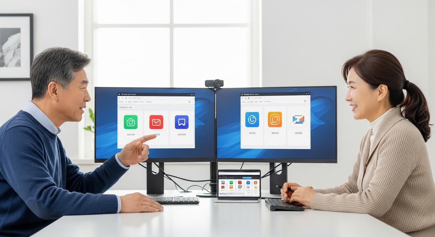 다양한 디지털 도구 화면을 비교 중인 부부