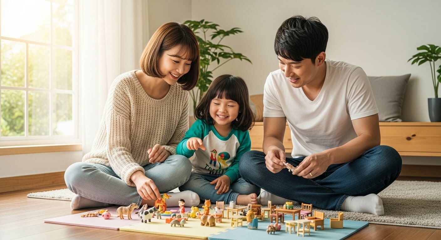 부모와 아이가 햇살이 드는 거실 바닥에서 라부부 장난감을 함께 정리하며 웃고 있는 따뜻한 가족 놀이 장면.