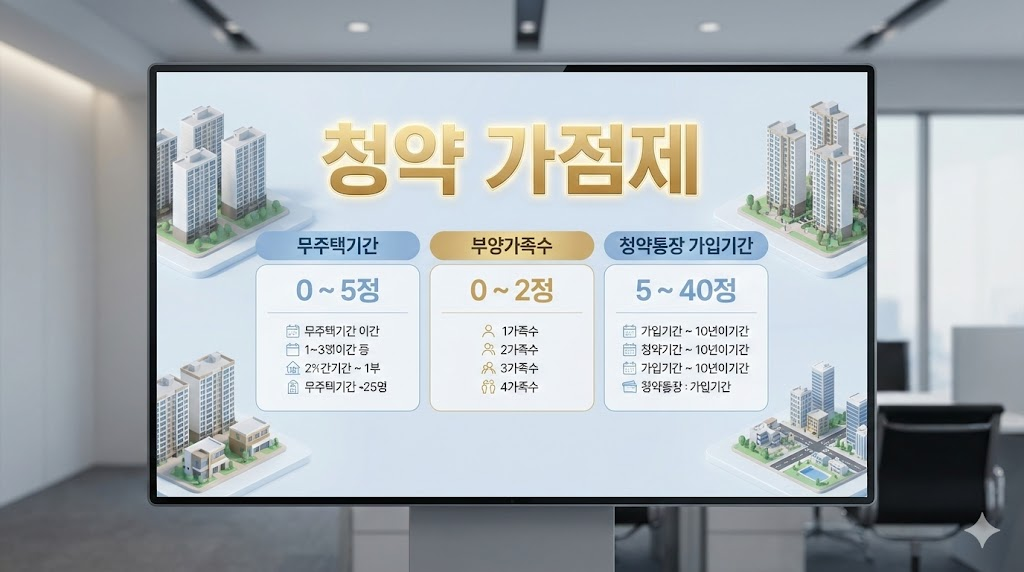 청약 가점제 산정 기준을 설명하는 전문적인 인포그래픽 이미지