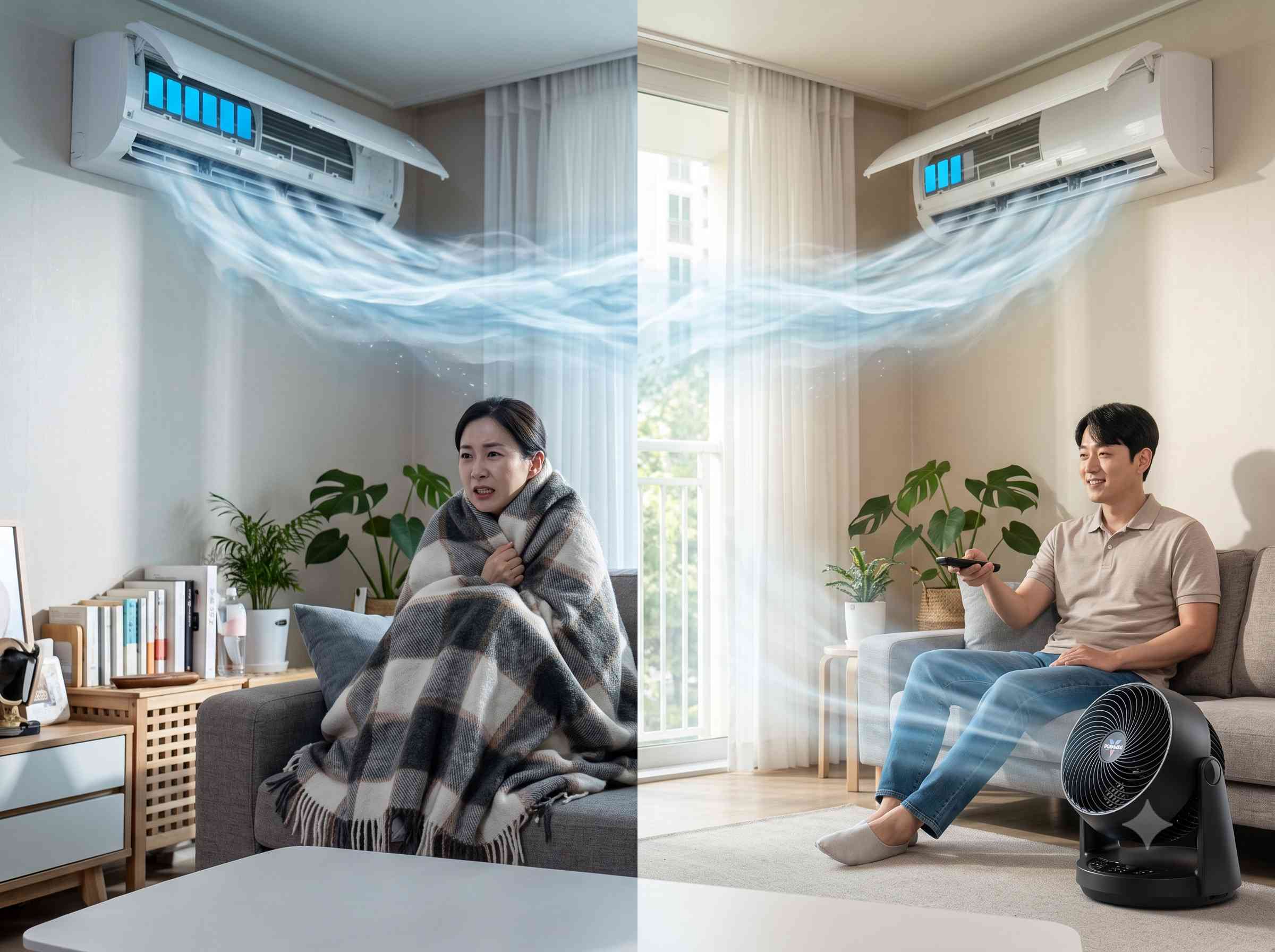 에어컨 리모컨의 낮은 온도 설정과 적정 온도 설정을 대비해 보여주는 실내 장면
