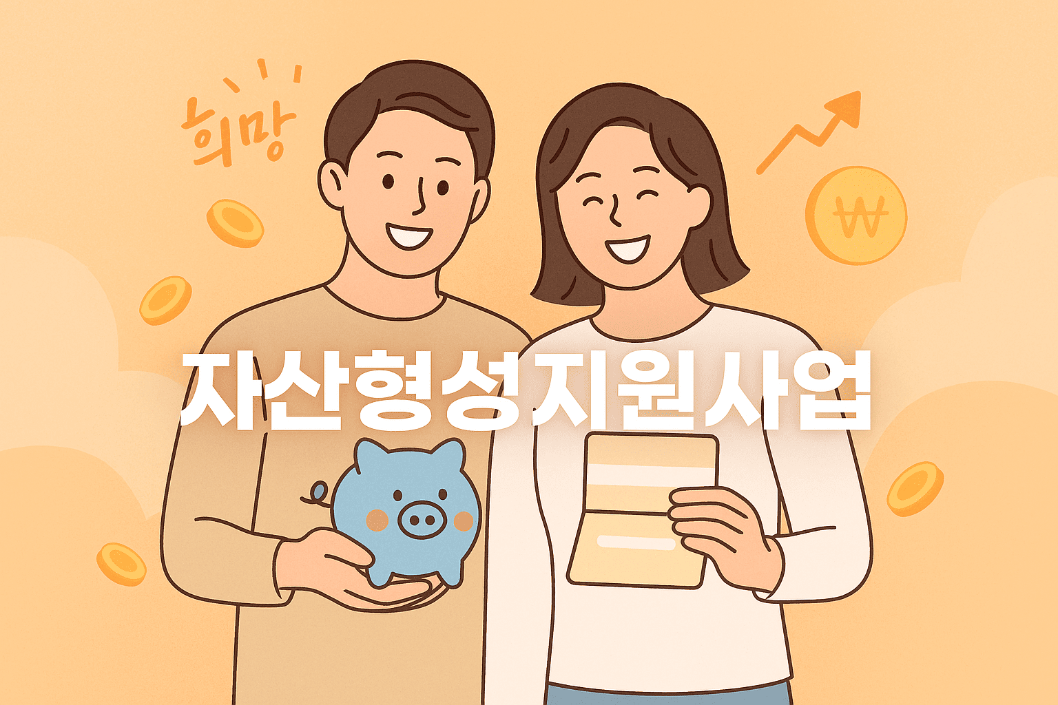 희망저축계좌-부부-저금통-통장-행복한표정-동전-그래프상승-자산형성-복지지원-밝은배경
