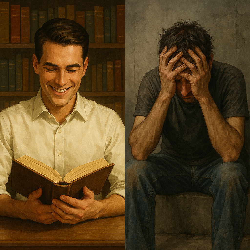 독서를 통해 행복과 성공을 얻은 남성과 독서를 하지 않아 결국 인생 낙오자가 되어버린 남성의 대조적인 모습