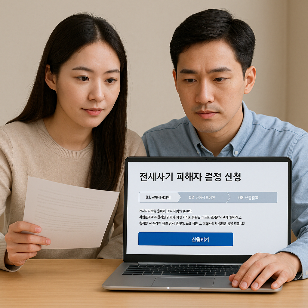 전세사기 피해자 결정 신청을 온라인으로 신청하는 젊은 부부
