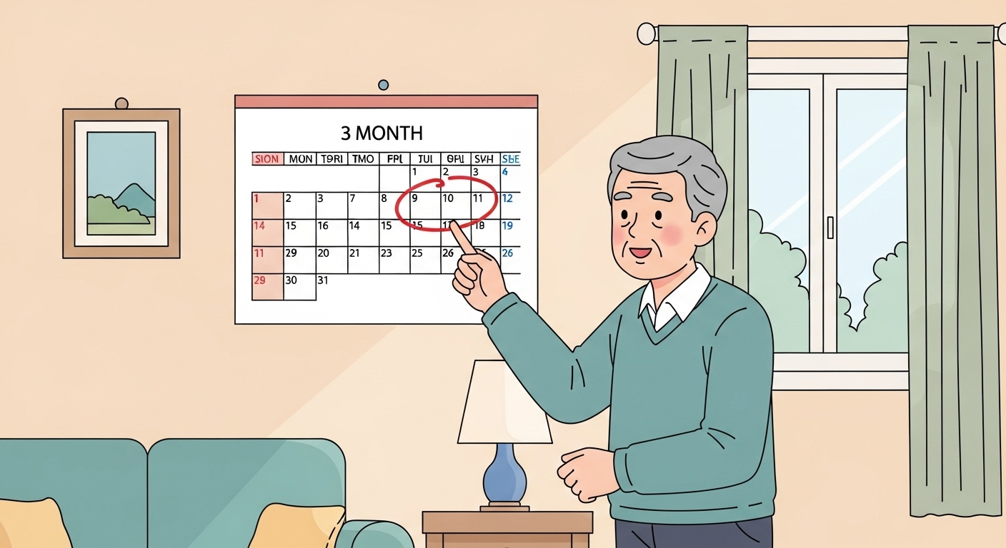 3개월 기간이 표시된 달력을 가리키고 있는 온화한 표정의 노인 일러스트
