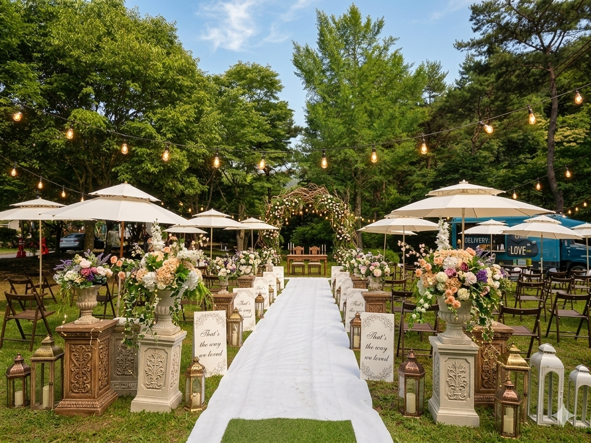 감성적인 조명과 화려한 꽃장식으로 연출된 국립공원 숲속 결혼식 예식 공간 상세 이미지