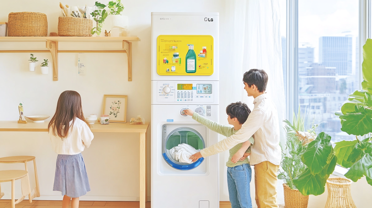 작은 도시 아파트에서 바쁜 가족이 LG 워시타워를 손 쉽게 사용하고 있는 모습. 하나의 콘솔 작동과 스마트 기능의 편리함을 보여줌.