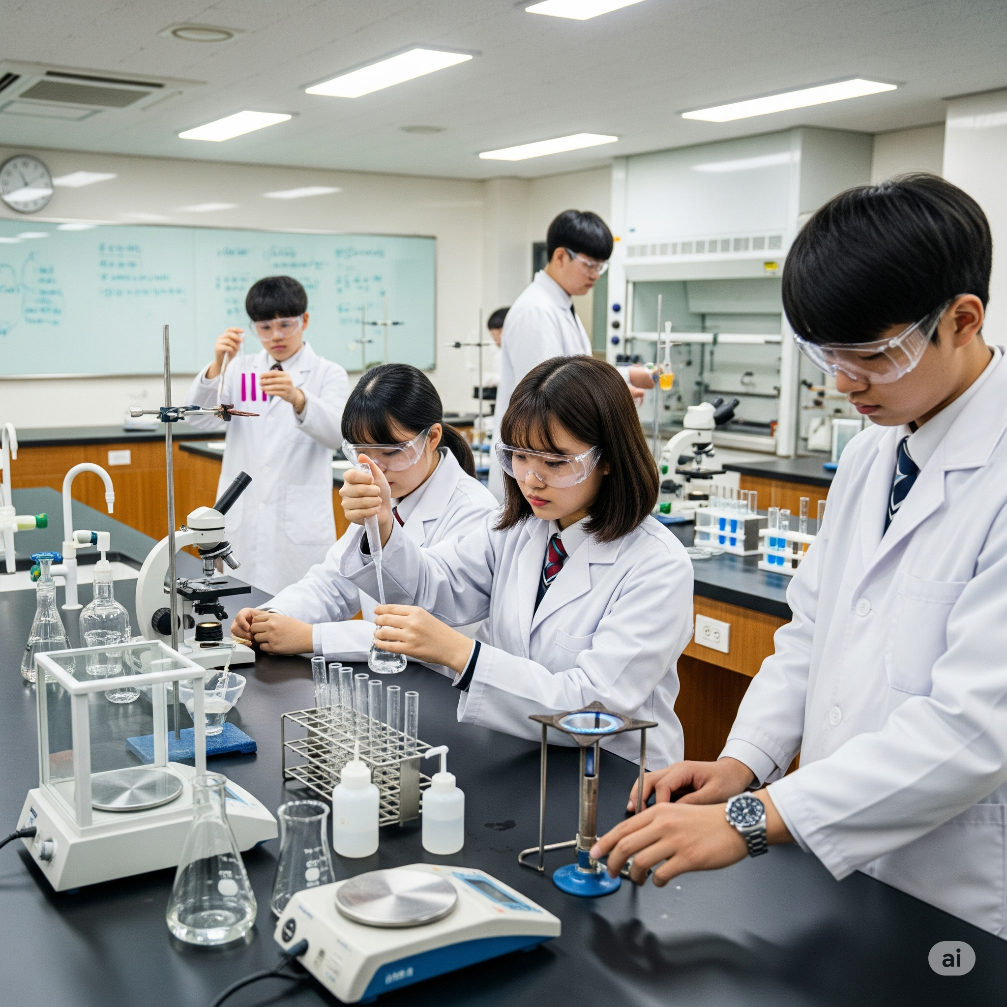 과학고 학생들이 실험실에서 과학 실험을 하는 모습