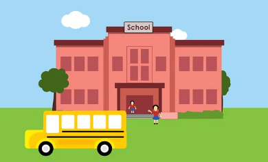 2025학년 취학통지서 인터넷 발급 방법과 관련있는 학교 그림과 셔틀버스 그림