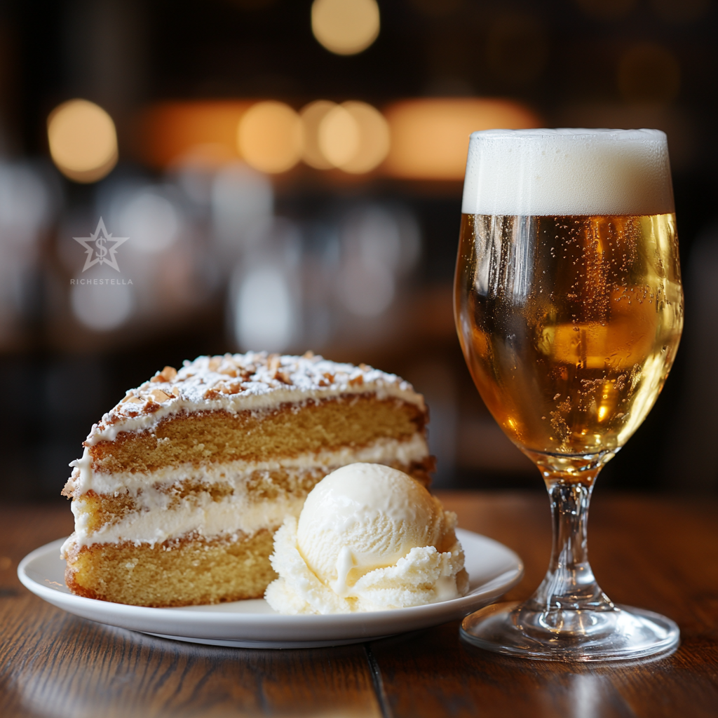 고칼로리 음식과 술 – 맥주, 케이크, 아이스크림이 놓인 테이블