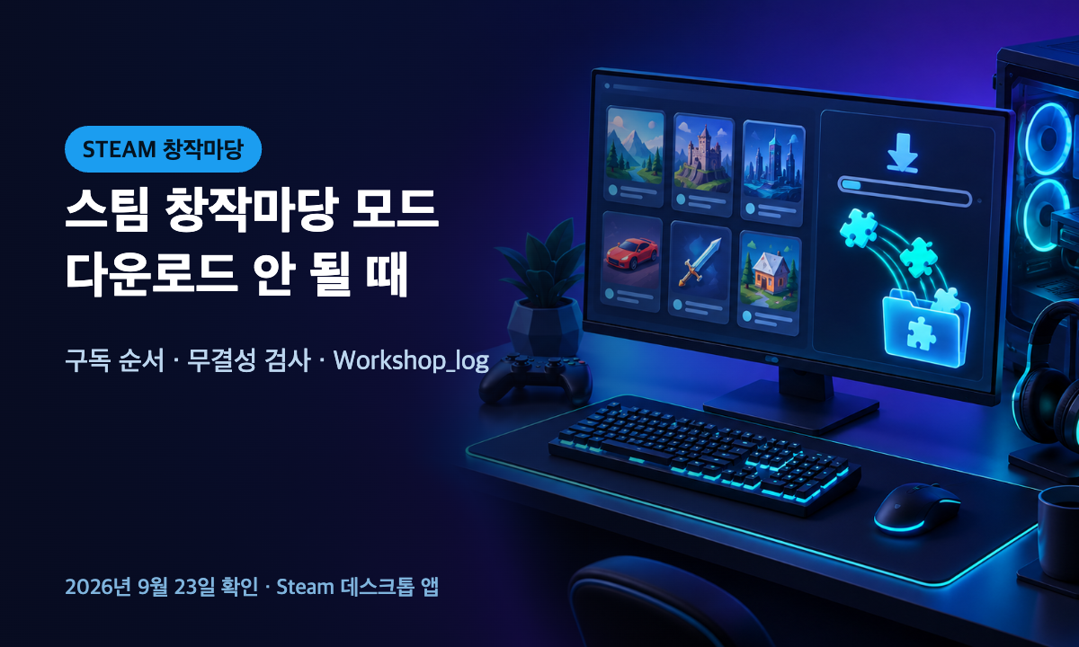 스팀 창작마당 모드 다운로드 안 될 때 점검 순서를 보여 주는 대표 이미지