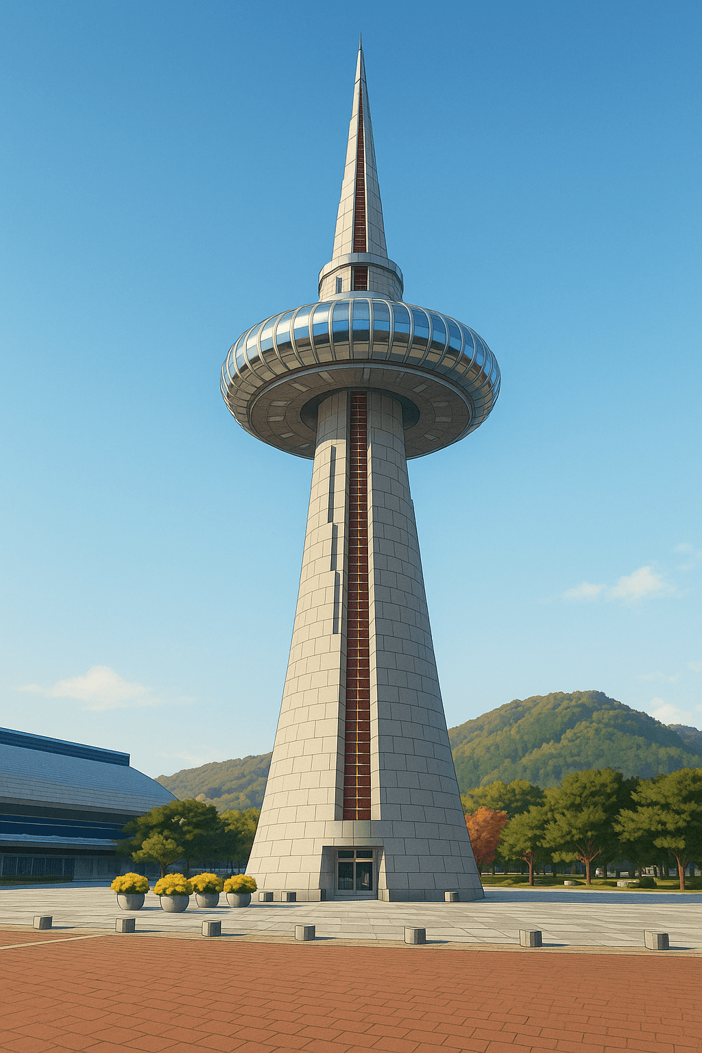 대전 엑스포과학공원의 한빛탑을 사실적으로 묘사한 반실사 일러스트, 중앙 원형 전망대와 첨탑 구조가 선명히 표현됨