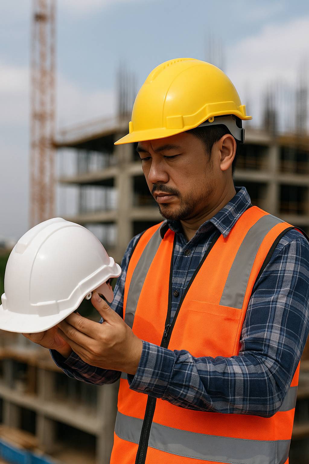2025년 건설 현장에서 안전모를 점검 중인 아시아 남성 근로자 이미지