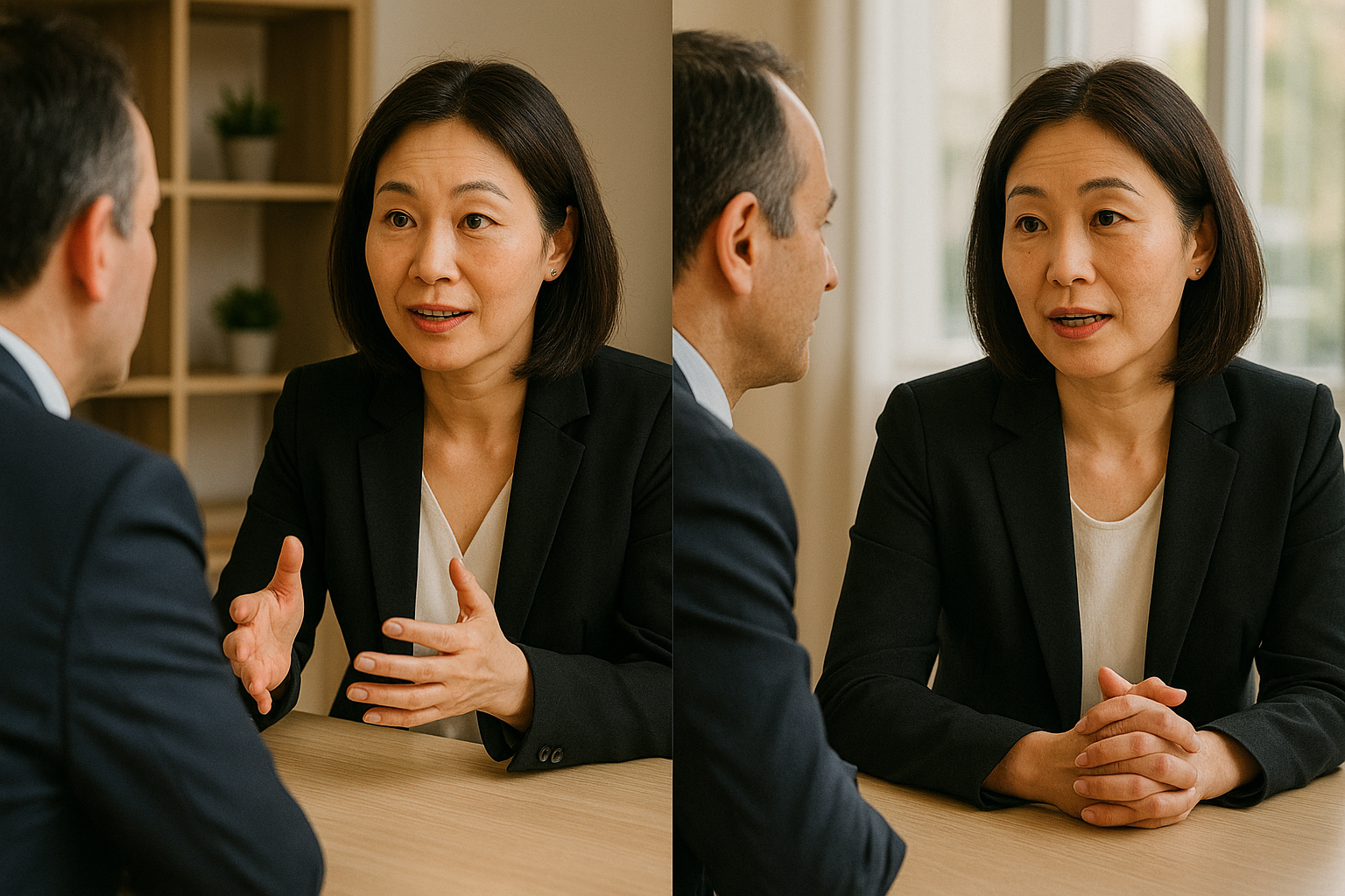 40대 여성이 남성과 해화하는 모습입니다.