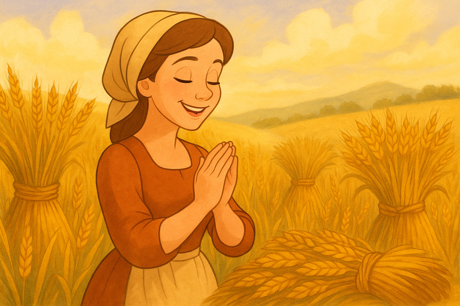 “황금빛 추수 들판 한가운데 서서 두 손을 모아 환히 웃으며 감사기도 드리는 여성 농부. 곡식단이 풍성하게 쌓여 있는 가을 수확의 장면”