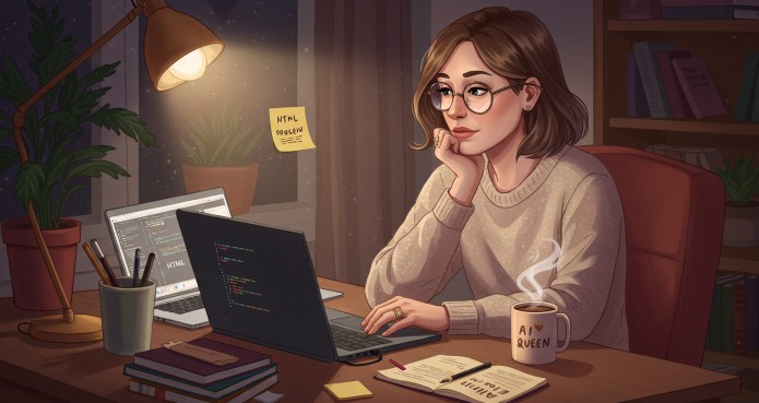 한 여성이 블로그 글을 쓰며 노트북 앞에서 미소 짓는 모습