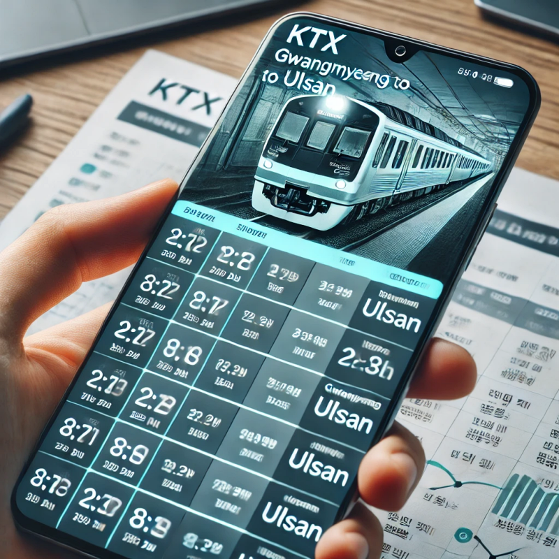 스마트폰 화면에 표시된 광명-울산 KTX 시간표&amp;#44; 열차 시간과 목적지가 강조된 모습