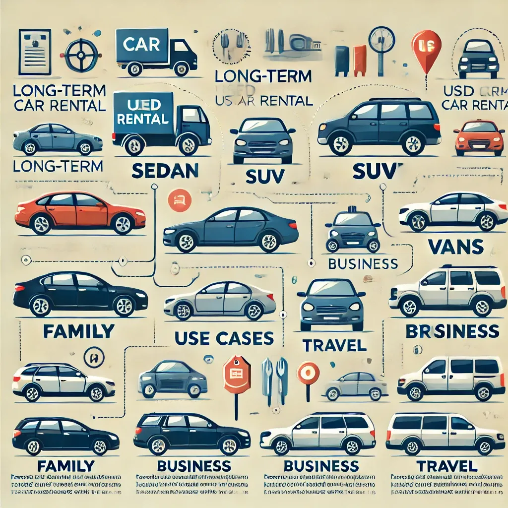중고차 장기 렌트 인기 차종인 세단, SUV, 밴을 설명하는 인포그래픽