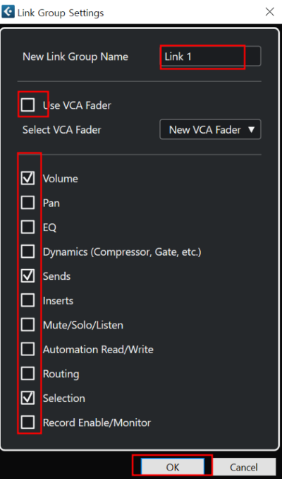 믹스 콘솔 링크(Link)와 VCA 트랙_ 컨트롤 파라미터