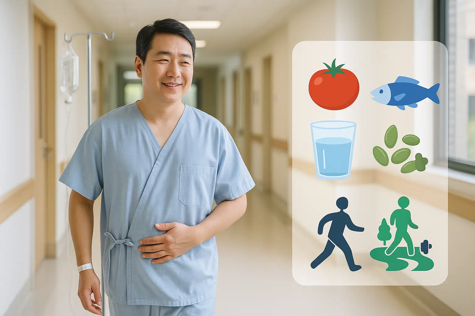 수술 후 회복 중인 중년 남성이 병원 복도를 걷는 장면, 옆에는 전립선 건강 식단(토마토, 등푸른 생선, 호박씨)과 물 한 컵, 규칙적인 운동 아이콘