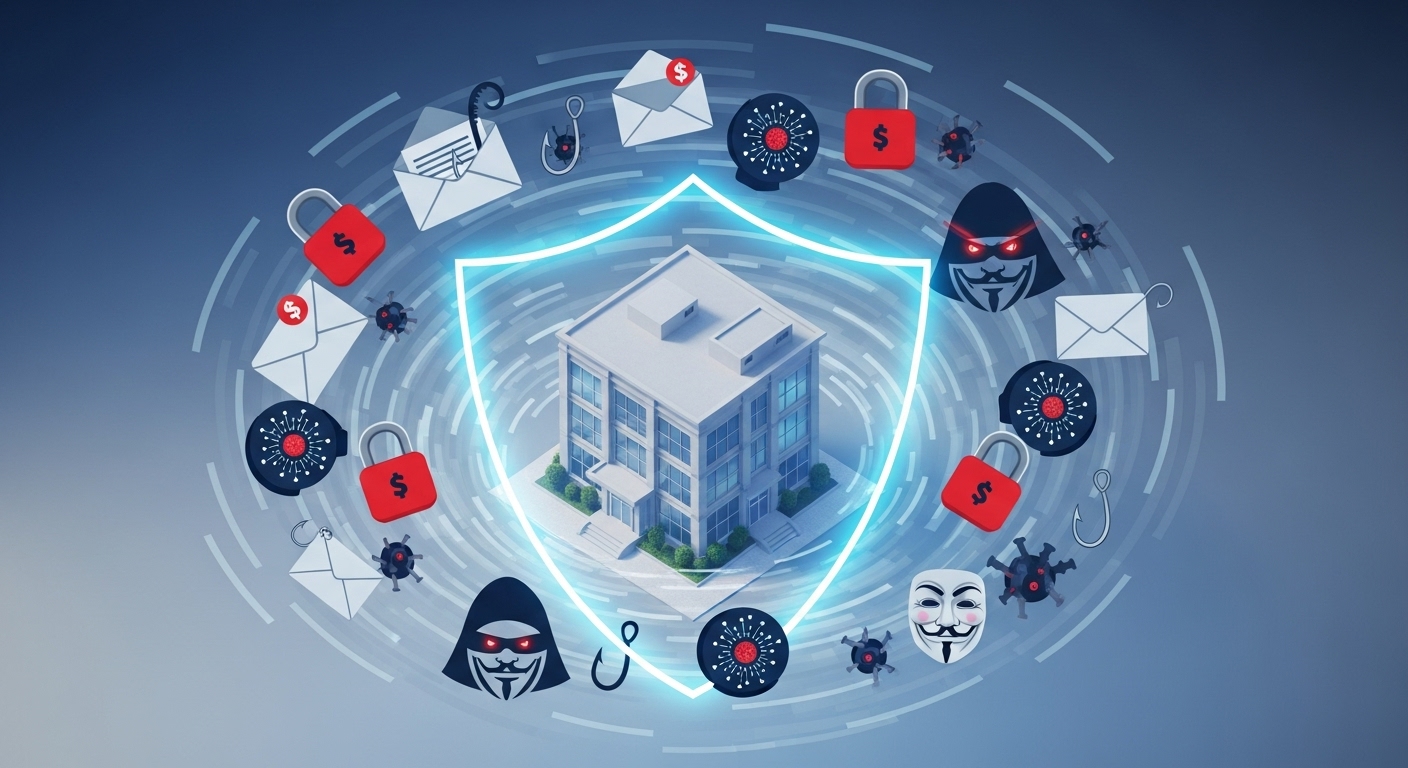 피싱 이메일, 랜섬웨어 등 다양한 사이버 위협이 작은 사무실 건물을 둘러싸고 있는 모습