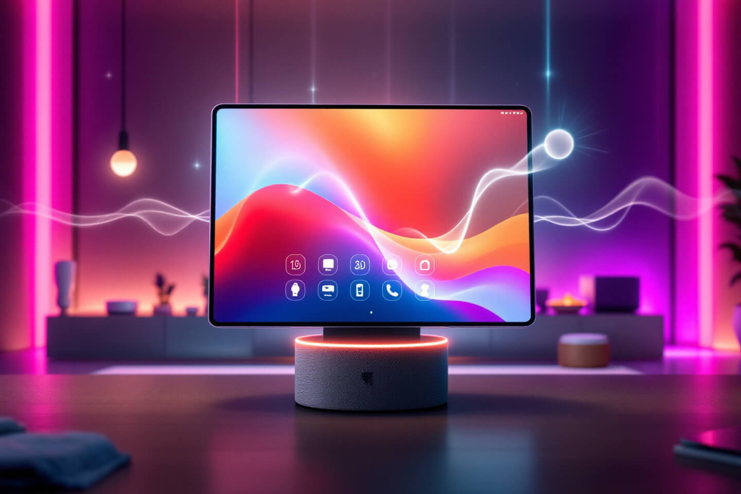 세련된 스마트 디스플레이가 중심에 위치한 미래형 거실. 벽면에 다양한 스마트홈 아이콘과 데이터 시각화 그래프가 떠오르는 모습이 실시간으로 홈킷과 AI가 연동된 모습을 보여줍니다