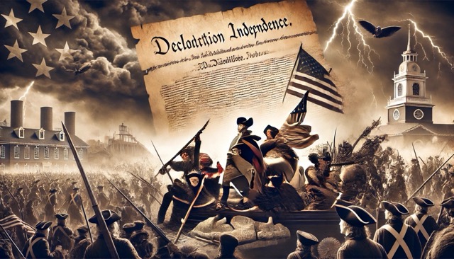 A historical scene showing the American Revolutionary War, with soldiers fighting for independence