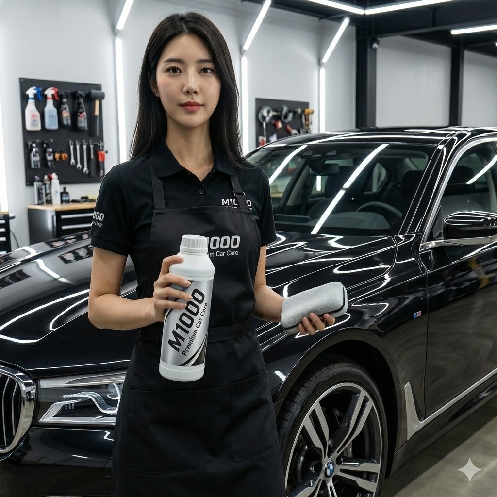 고급 자동차 디테일링 샵에서 여성 전문가가 &quot;M1000 Premium Car Care&quot; 라벨이 부착된 M1000 용기를 들고 차량 옆에 서 있습니다. 다양한 산업 현장, 특히 프리미엄 시장에서 프로들이 선택하는 신뢰받는 용기임을 보여줍니다. (실제 작업 현장에서의 활용 모습을 통해 제품의 실용성과 프리미엄 이미지를 동시에 전달합니다.