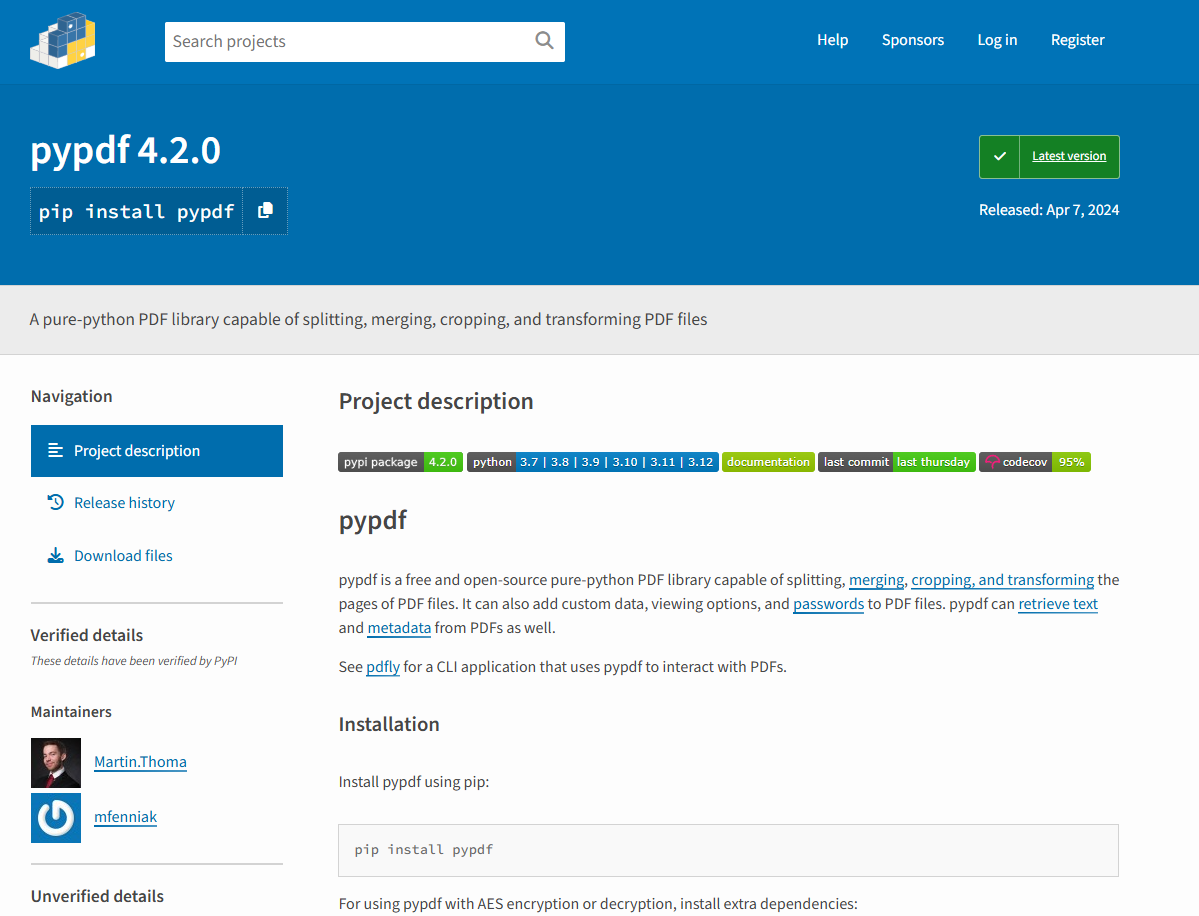 pypi 내 pypdf 페이지. @pypi