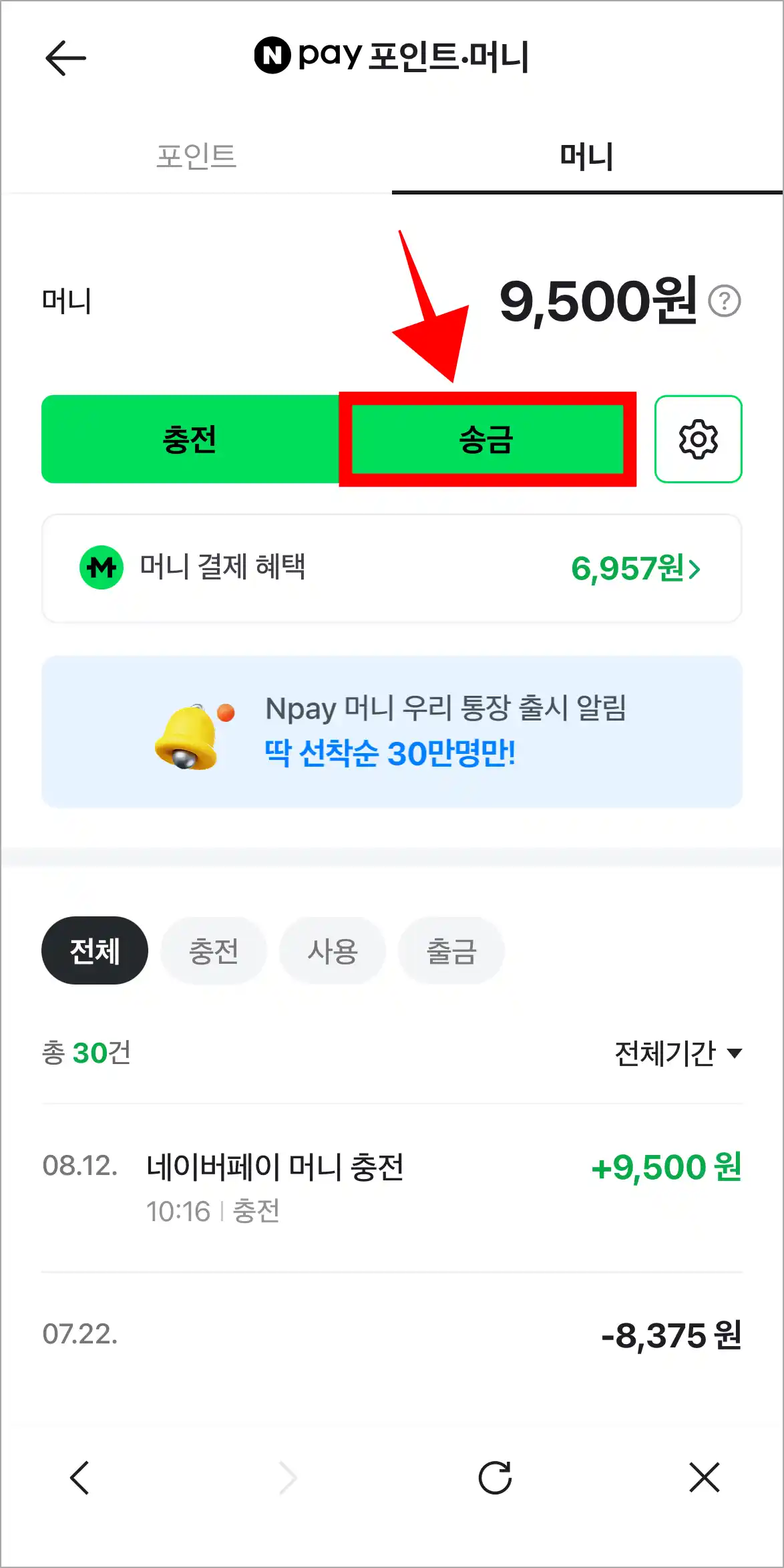 네이버페이 머니 메뉴의 '송금'을 선택