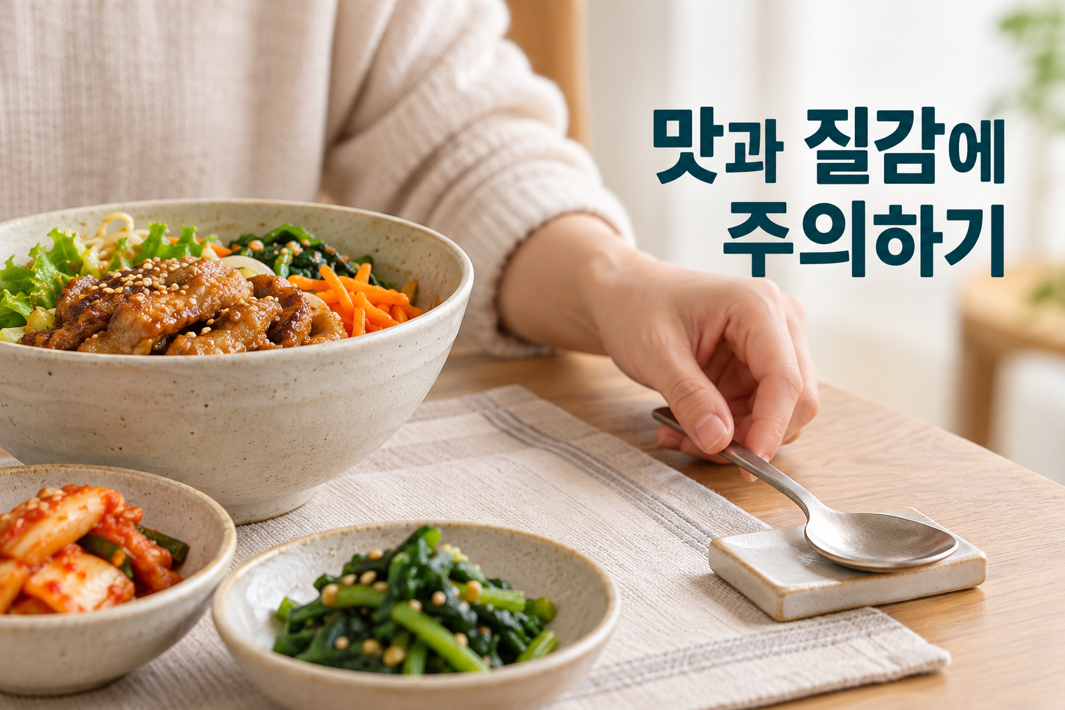 음식이 담긴 접시 옆 받침에 수저를 잠시 내려놓는 손
