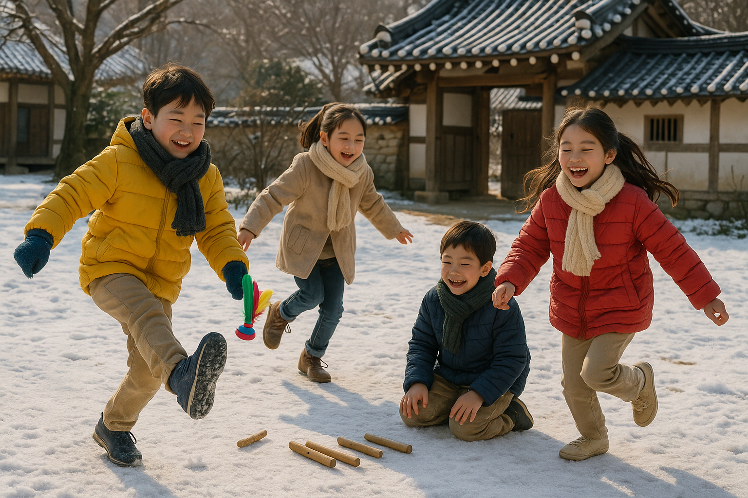 윷놀이와 제기차기, 팽이치기를 즐기는 아이들의 모습