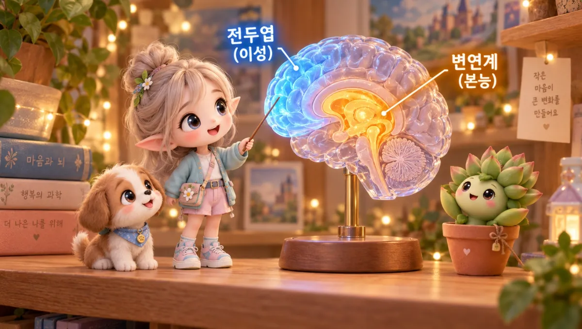 이성을 담당하는 전두엽과 본능을 담당하는 변연계를 파란색과 주황색으로 구분해 보여주는 미니미 뇌 모델 일러스트