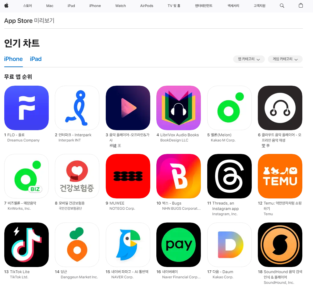 애플 앱 스토어 인기 순위, app store 무료 앱 인기 순위