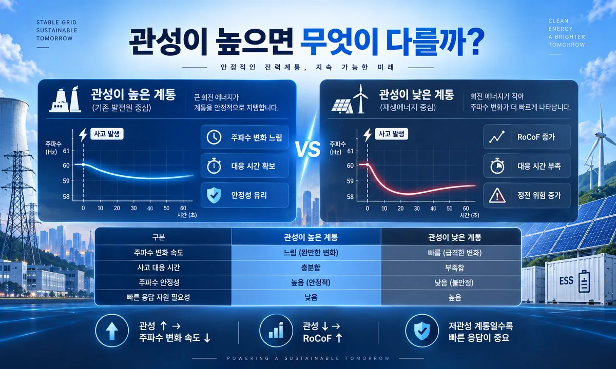 관성이 높은 계통과 낮은 계통의 주파수 변화와 RoCoF 비교