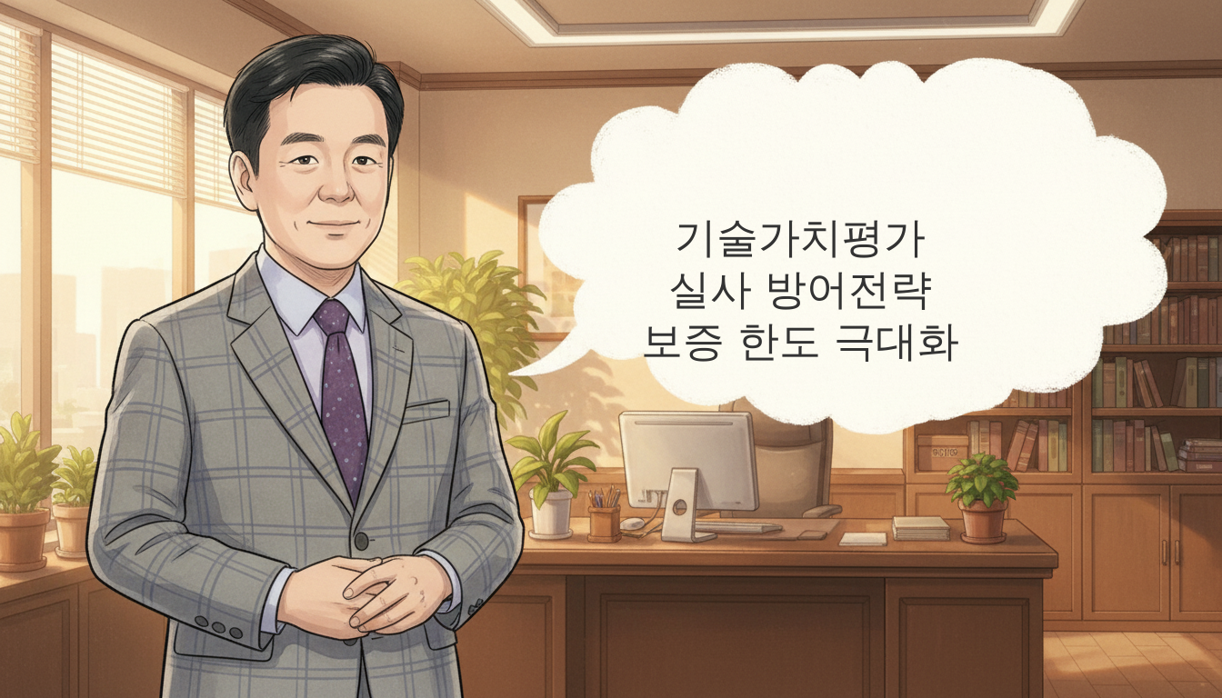 푸르다허브 이두규 대표 아바타 일러스트-기술신용보증기금-기술가치평가 및 실사 방어전략,보증한고 극대화에 대하여 설명하는 모습