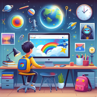 한 남학생이 밤하늘 배경의 방에서 크롬을 이용해 학습하는 장면.