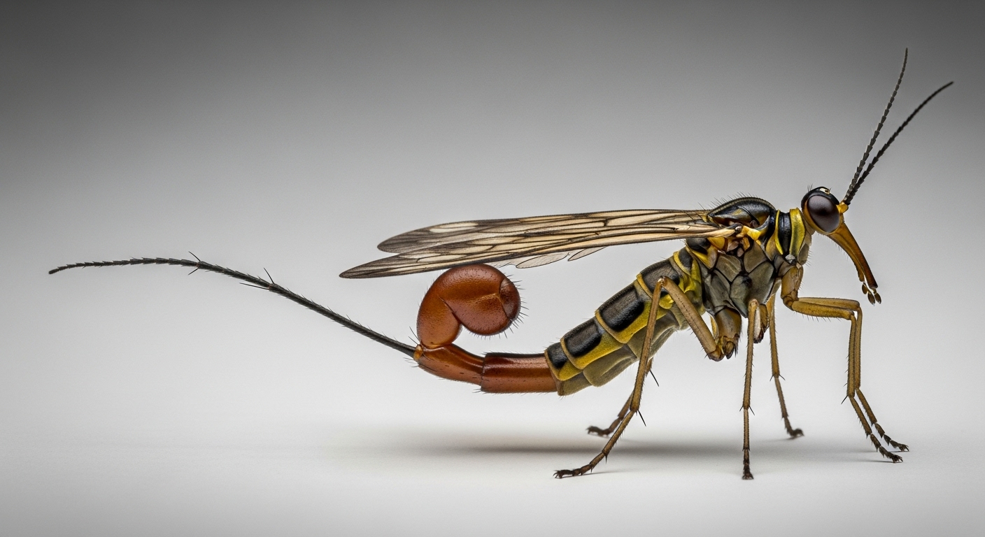 전갈파리 수컷의 꼬리 끝 생식기가 전갈 독침처럼 보이는 이미지