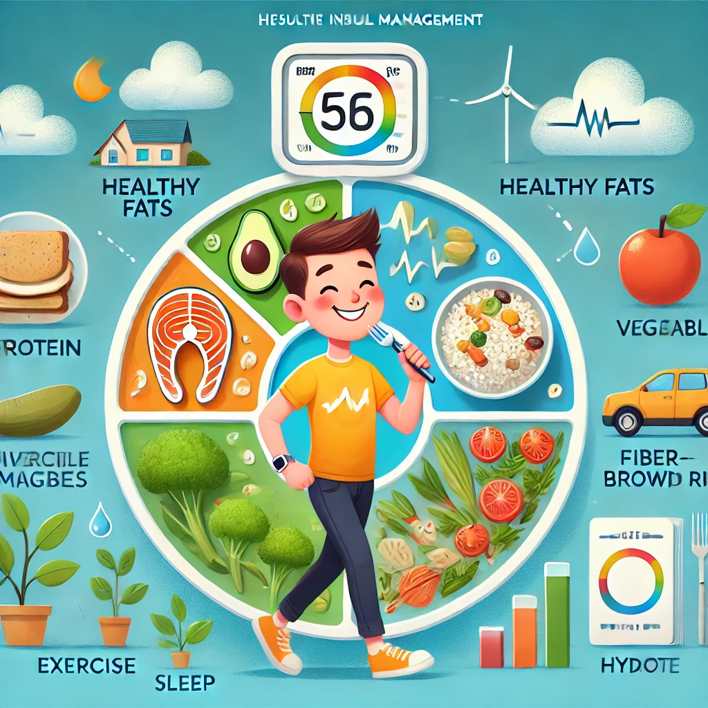 인슐린 관리를 위한 식단 관련글 사람이 미소짓고 각종 관리항목이 표현된 이미지