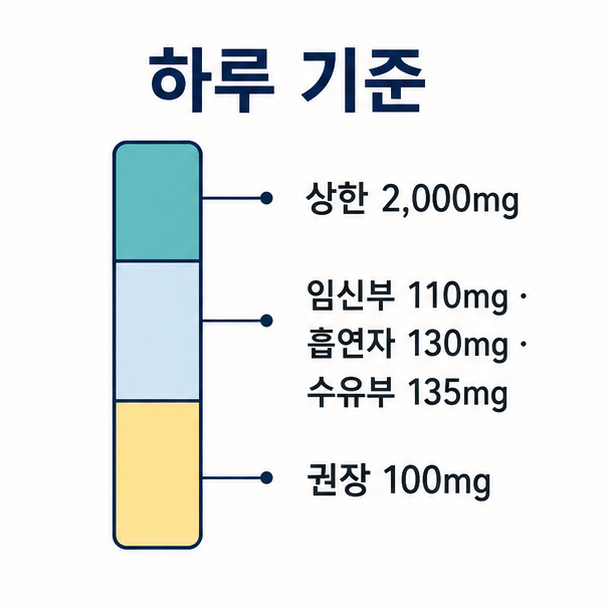 비타민C 하루 섭취 기준, 권장 100mg부터 상한 2,000mg까지의 구간과 임신부 흡연자 기준을 표시한 눈금 막대