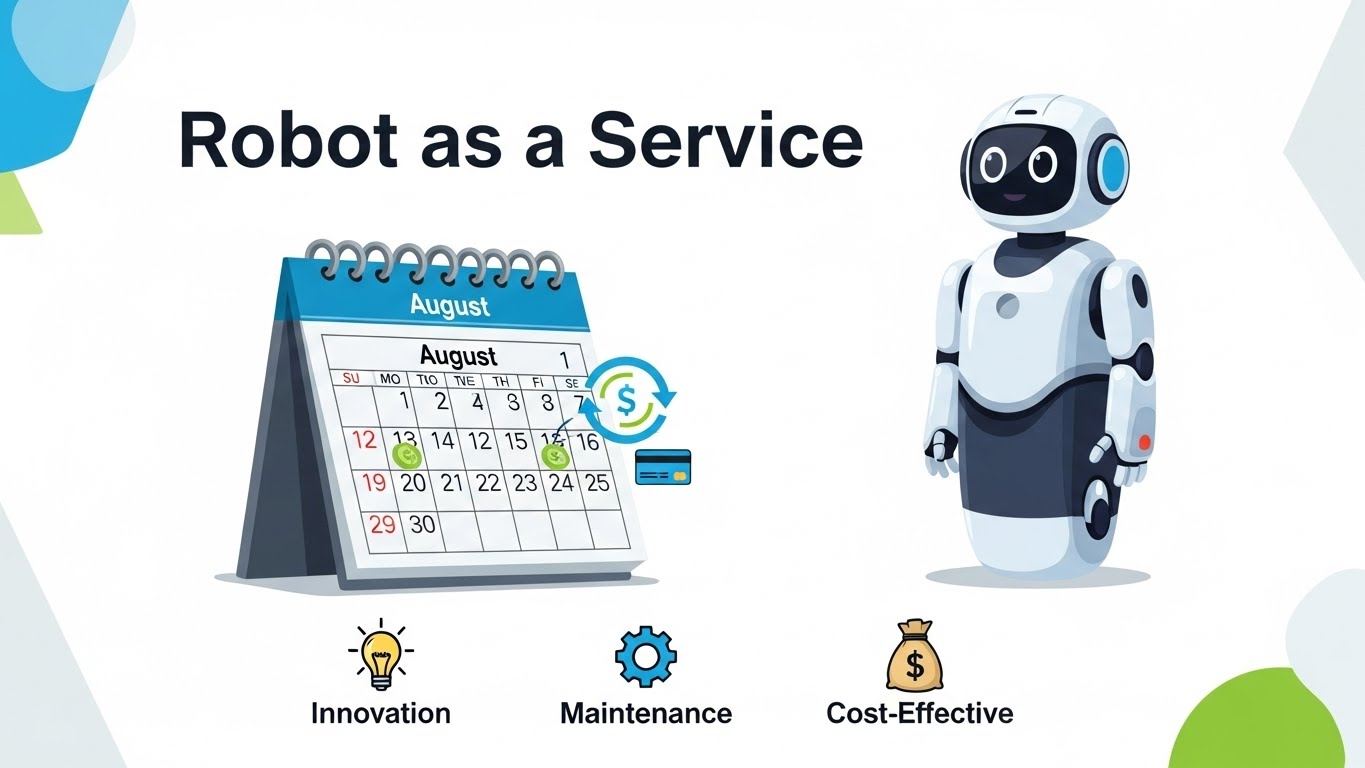 An infographic showing a calendar with a monthly subscription fee icon next to a home robot, representing 'Robot as a Service' model