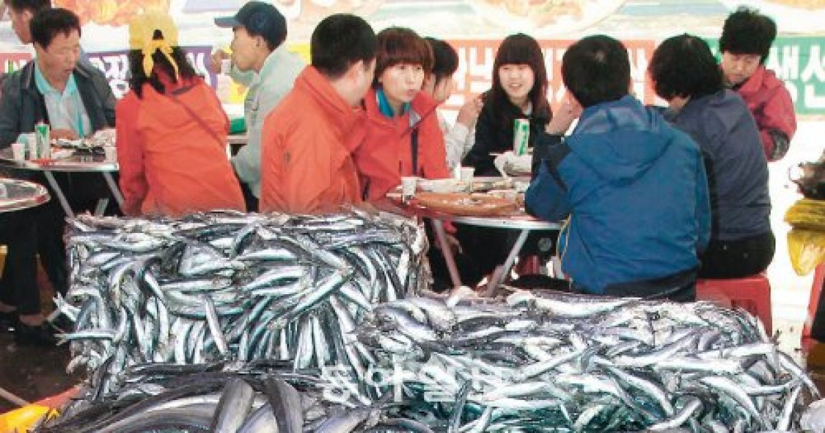 멸치축제때 이야기꽃을 피우며 음식을 드시는 모습