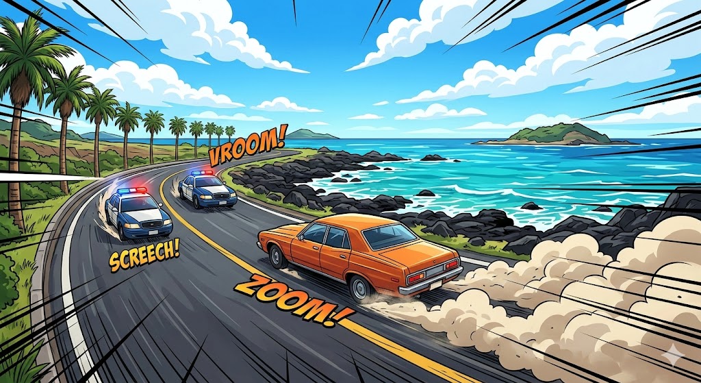 Comic book style illustration of a high-speed car chase on a Jeju Island coastal road, featuring an orange retro sedan being pursued by police cars with dynamic speed lines and sound effects against a blue ocean background.