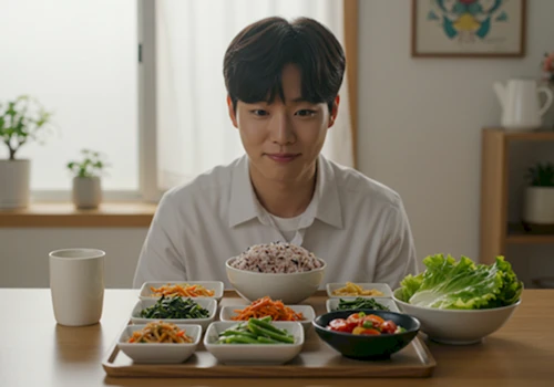 한국 주방에서 잡곡밥과 건강한 반찬이 놓인 식사를 보며 혈당 관리와 밥심 유지에 희망을 가지는 사람