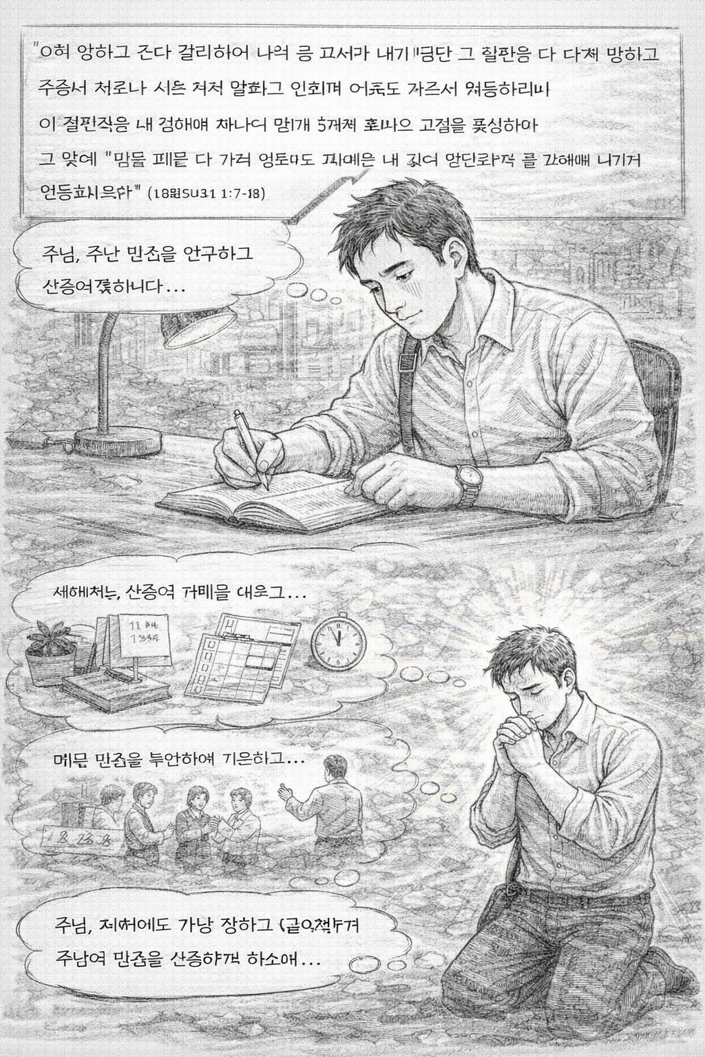 수 1:7-8 말씀을 따라 주님깨서 주신 명령에 순종하는 자가 되기 위하여 말씀을 연구하고&amp;#44; 연구한 말씀을 순종하는 삶을 살아가야 하겠습니다. 더욱이 강하고 담대함에서 자라가서 온전한 순종에 이르는 자가 되어야 하겠습니다. 이를 위해 오늘도 한 해를 마감하며 새롭게 계획을 세우고 순종하며 강하고 담대함을 위해 결단하고 헌신하는 시간을 갖는 모습입니다.