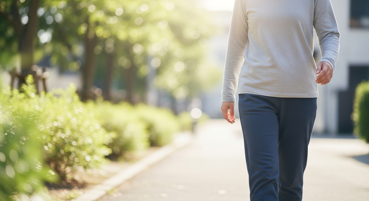 식사 후 가볍게 걷는 사람의 모습, 혈당 관리를 위한 10분 걷기 운동의 중요성을 보여줌.