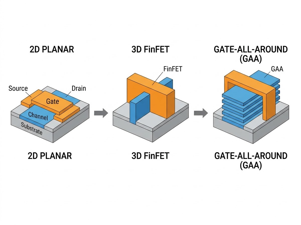 평면 FET, 핀펫(FinFET), GAA 구조로 진화하는 반도체 트랜지스터 입체 다이어그램