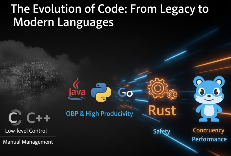 1950년대부터 현재까지 프로그래밍 언어의 역사적 변천사와 C, Java, Python을 거쳐 현대적 요구사항을 해결하는 Rust와 Go의 주요 특징을 비교한 인포그래픽 이미지.