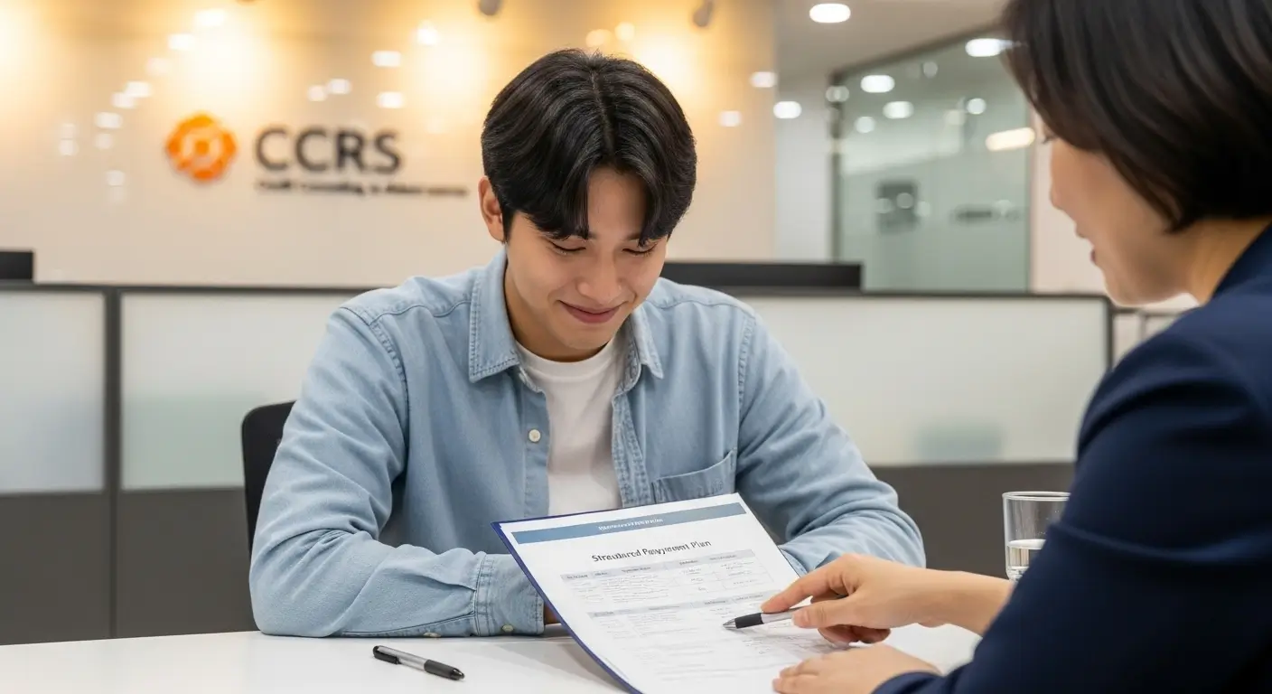 한 한국인 청년이 신용회복위원회 상담 창구에 앉아, 어두웠던 과거를 뒤로 하고 새로운 시작을 다짐하는 모습