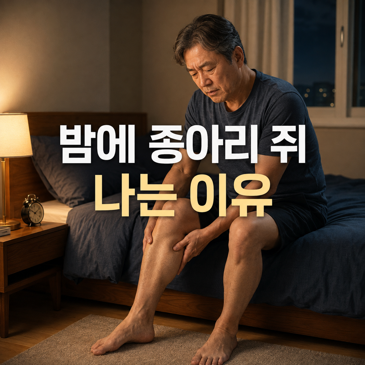 밤에 종아리 쥐가 나 다리를 살펴보는 50대 남성